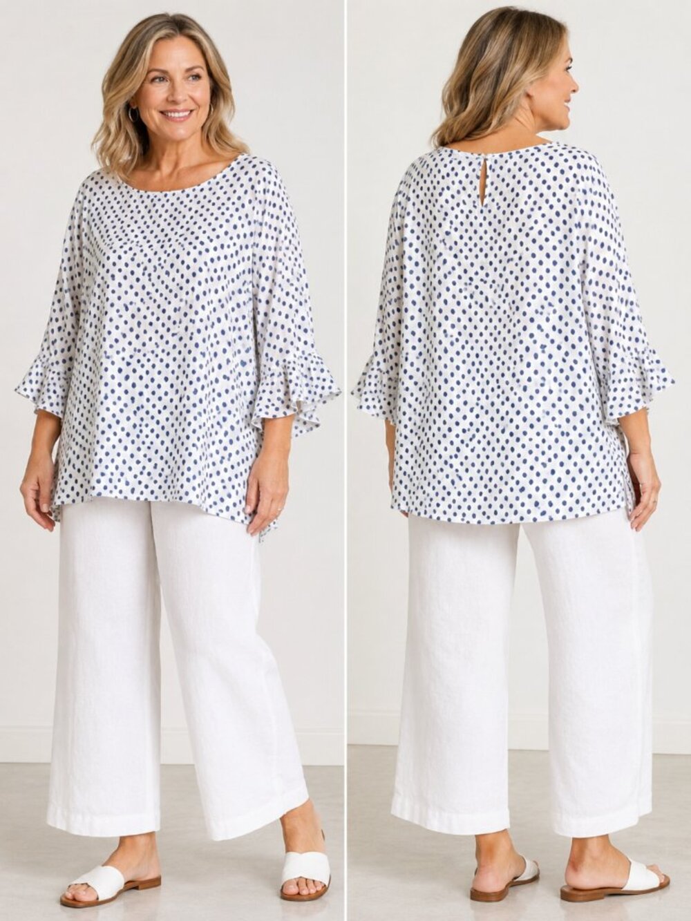 Bryn Walker Lightweight Cotton Top – Women's 3X – White/Blue Dot – NWOT